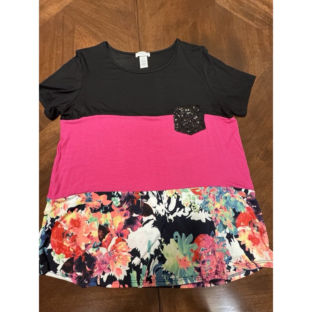 XL CHIC SOUL SLINKY BLACK HOT PINK FLORAL TUNIC SEQUIN POCKET TOP